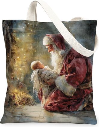Generic Christmas Santa Canvas Tote Bags, Festive Holiday Scene Lightweight Washable Grocery Bags, Vintage Artistic Design Reusable, Red, 13x15 Inch