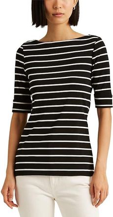 Lauren Ralph Lauren Striped Boatneck Top Womens Clothing Polo Black/White : LG, Cotton/Elastane