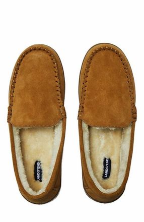 Lands End Wide Width Fuzzy Lined Suede Moccasin Slippers in English Tan Suede at Nordstrom, Size 13