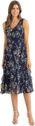 Klass Bias Cut Floral Print Ruffle Midi Dress - Navy - 16