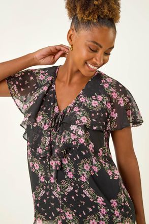 Roman Floral Print Frill Neck Top