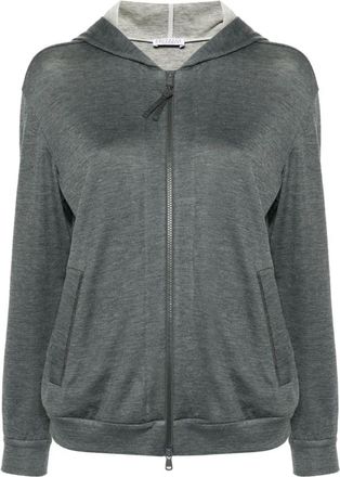 Brunello Cucinelli Grijze Trui met Monili Kettingdetail - Dames - Vesten met rits - Grijs - XS - Katoen - Hoodies & sweatvesten
