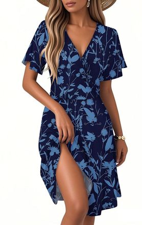 Generic Summer Dresses for Women UK V Neck Short Sleeve Casual Pleated Hem Knee Length T-Shirt Dress with Pockets,Short Dresses Long Sleeve Summer Dress Blue 