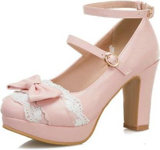 Generic Womens Lolita Style Round-Toe Block Heel Mary Jane Shoes - Double Ankle Strap Lace Bow Pumps,Pink,6.5 UK