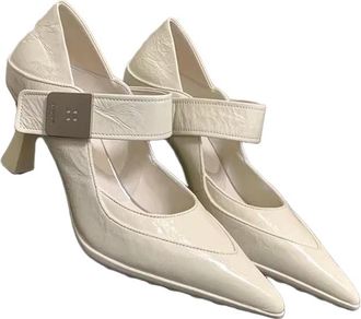 Generic JCVBN Soft Leather Pointed Toe Single Shoes Womens Autumn Shallow Mouth Metal Buckle Temperament Fashion High Heels White