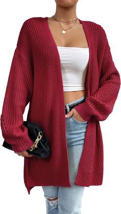 Feoya Womens Long Cardigan Lightweight Outwear Casual V Neck Knitted Cardigans Ladies Open Front Cardigan Long Sleeve Jumper Sweaters for Women Red XL