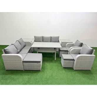 Fimous Pe Rattan High Back Lounge Sofa Set Patio Rectangular Dining Table & Chairs Set with 3 Seater Sofa Reclining Chair 3 Stools 2 Side Table Light Grey