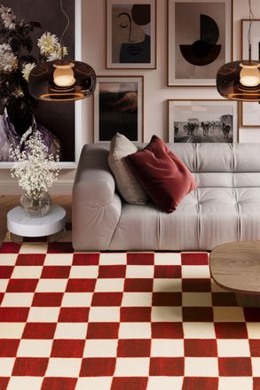 Kukoon Terracotta Orange Retro Chequerboard Maximalist D&eacute;cor Large Bedroom Area Rug in Red | Size: 160 cm x 230 cm