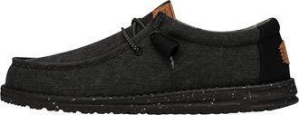 HeyDude Mens Wally Washed Canvas - Casual Slip-On Shoes - Moccasin Style, Black/Black, 8 UK