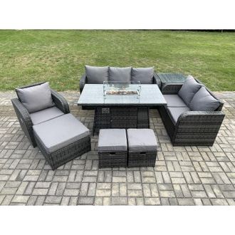 Fimous Garden Patio Furniture Wicker Rattan Gas Fire Pit Table and Sofa Chair set with Side Table 3 Footstool - Fimous