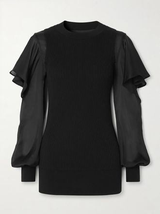 sacai Maglia In Cotone A Coste E Chiffon Con Ruches - Nero