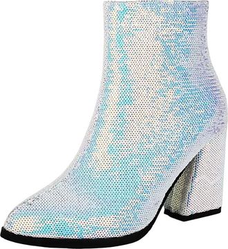 Generic Womens Dressy Ankle Boots Pointed Toe Super High Thick Heel Platform With Side Zipper And Bling Glitter Upper