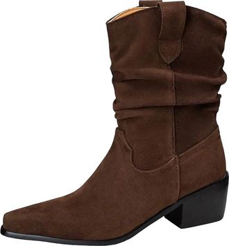 Generic Womens Mid Calf Western Boots Pointed Toe High Block Heel With Sewing Detail Slip On Retro Style Cowboy Booties