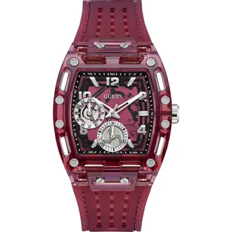 Guess Phoenix Translucent Tonneau Multifunction Silicone Strap Watch, 42mm x 45mm in Red at Nordstrom