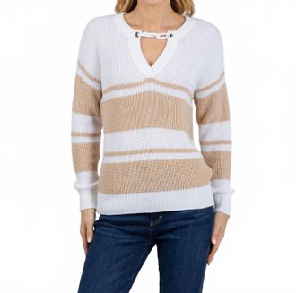 Autumn Cashmere Shaker Stripe Sweater With Crochet Chain Detail In Bleach White/latte