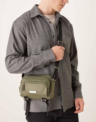 Calvin Klein Jeans - Camera bag a tracolla liscia kaki multitasche-Verde