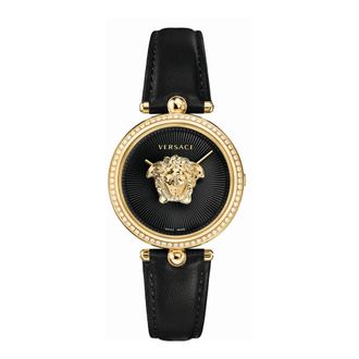 Versace Empire Zwart Lederen Gouden Diamanten Horloge - Dames - Horloges - Veelkleurig - ONE Size - Accessoires