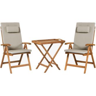 Beliani Beliani - Conjunto De Balc&oacute;n R&uacute;stico De Madera De Acacia Mesa Y 2 Sillas Plegables Cojines Gris Pardo Java Premium