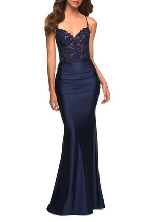 La Femme Jewel Tone Jersey Gown with Sheer Lace Bodice in Navy at Nordstrom, Size 6