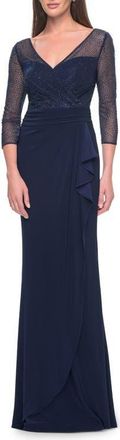 La Femme Evening Gown with Illusion Rhinestone Sleeves in Navy at Nordstrom, Size 12