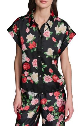 Karl Lagerfeld Rose Print Button-Up Shirt in Black Multi at Nordstrom, Size X-Large