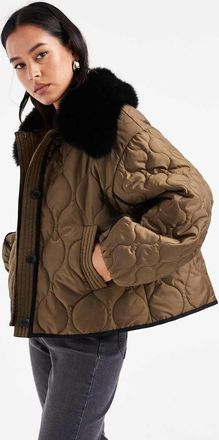 Asos Giacca trapuntata ibrida in pile borg senza colletto kaki-Verde