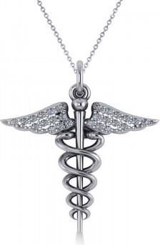 Allurez Diamond Caduceus Medical Symbol Pendant 14k White Gold (0.13ct)