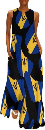 Generic Flag Map of Barbados Womens Casual Dresses Sleeveless Maxi Dress Summer Beach Long Dresses 3XL