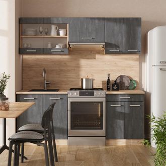Vicco Mueble De Cocina R-line, Hormig&oacute;n Negro/roble Dorado, 200 Cm Et M&aacute;rmol