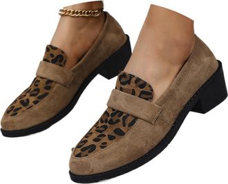 Generic Womens Leopard-Print Suede Block-Heel Loafers, Comfortable Suede Round Toe Slip-on Penny Loafer Elegant Wide Office Shoes (Khaki,6.5)