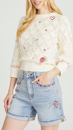 Free People Love Letters Pointelle Cotton Sweater in Ivory at Nordstrom Rack, Size Medium