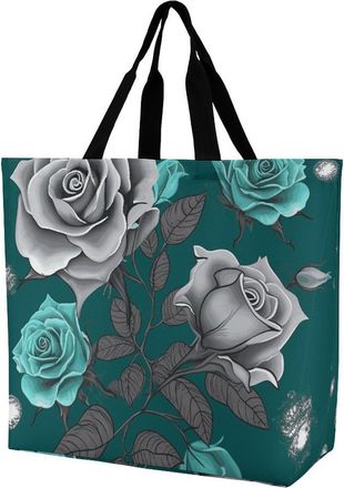 Generic Teal Grey Rose Tote Bag Durable Carry Bag Waterproof Grocery Bags For Camping Casual Ladies