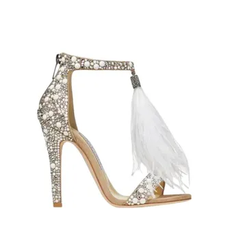 Jimmy Choo London Viola 100 mm Feather Tassel Cocktail Sandals, Brand Size 34.5 ( US Size 4.5 )
