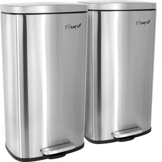 Elama 2 piece 8 Gallon Each 30 Liter Rectangular Stainless Steel Twin Step Trash Bins with Slow Close Mechanism in Matte Silver