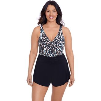 Trimshaper Rebecca Surplice Swim Romper with Pockets in Leopard In The Mist at Nordstrom, Size 12