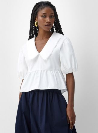 Icone Womens Scalloped poplin wide Peter Pan collar blouse