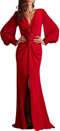 Tadashi Shoji Floral Detail Long Sleeve Crepe Chiffon Gown in Cranberry at Nordstrom, Size X-Small