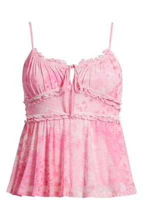 BP. Floral Mesh Ruffle Trim Camisole in Pink Flora Paisley at Nordstrom, Size Xx-Large
