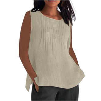 Generic Linen Tops Women UK Plus Size,Ladies Oversized Cotton Linen Vest Tops Crewneck Plain Sleeveless Tshirts Loose Gym Pleated Camisoles Blouses Summer Cam