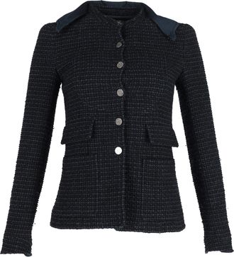 Chanel Pre-owned Womens Boucle Tweed Fitted Jacket with Detachable Collar in Navy Blue Cotton - Size EU 36 (Womens)