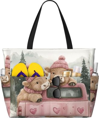 Generic Valentines Highland Cow Print Large Beach Bag Foldable Travel Shoulder Tote Bag With Pocket For Weekender Pool Vacation