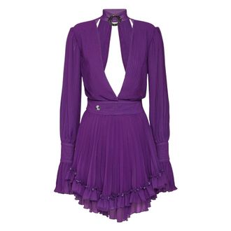Philipp Plein Chiffon Plisse Short Dress - Dames - Feestkleedjes - Paars - L - Chiffon - Kleedjes