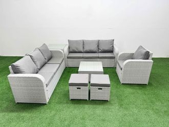 Fimous 9 Seater Poly Rattan Outdoor Garden Furniture Square Coffee Table Sofa Set Patio 3 Seater Sofa Reclining Chair 3 Seater Sofa Stools Side Table