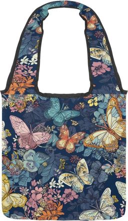 Generic Retro Butterflies Reversible Canvas Shoulder Tote - Double-Sided Print, 12oz Cotton, 27cm Drop, Fold-Flat Bag for Travel, Shopping, Street Outings