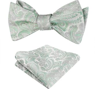 Alizeal Mens Paisley Jacquard Self Tied Bow Tie Pocket Square Set (Sage Green+Gray)(Size: One Size)