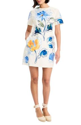 Maggy London Print Shift Dress in Ivory/Light Denim Blue at Nordstrom, Size 16