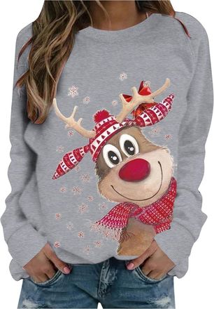 Generic Christmas Sweatshirt Women Reindeer Graphic Print Jumper Long Sleeve Shirt Ugly Sweater Outwear Unisex Pullover Causal Crewneck Sweat Tops Xmas Sweats