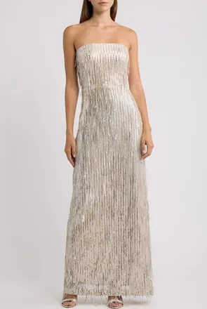 Eliza J Fringe Sequin Strapless Gown in Champagne at Nordstrom, Size 14
