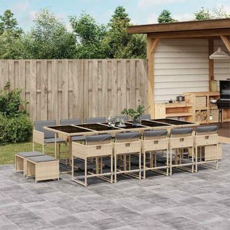 vidaXL Set Comedor De Jard&iacute;n Con Cojines 15 Pzas Rat&aacute;n Sint&eacute;tico Beige Vidaxl