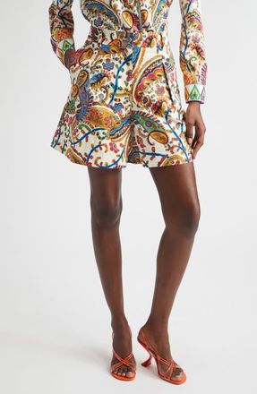 Etro Paisley Pleated Stretch Cotton Bermuda Shorts in Print On White Base at Nordstrom, Size 10 Us